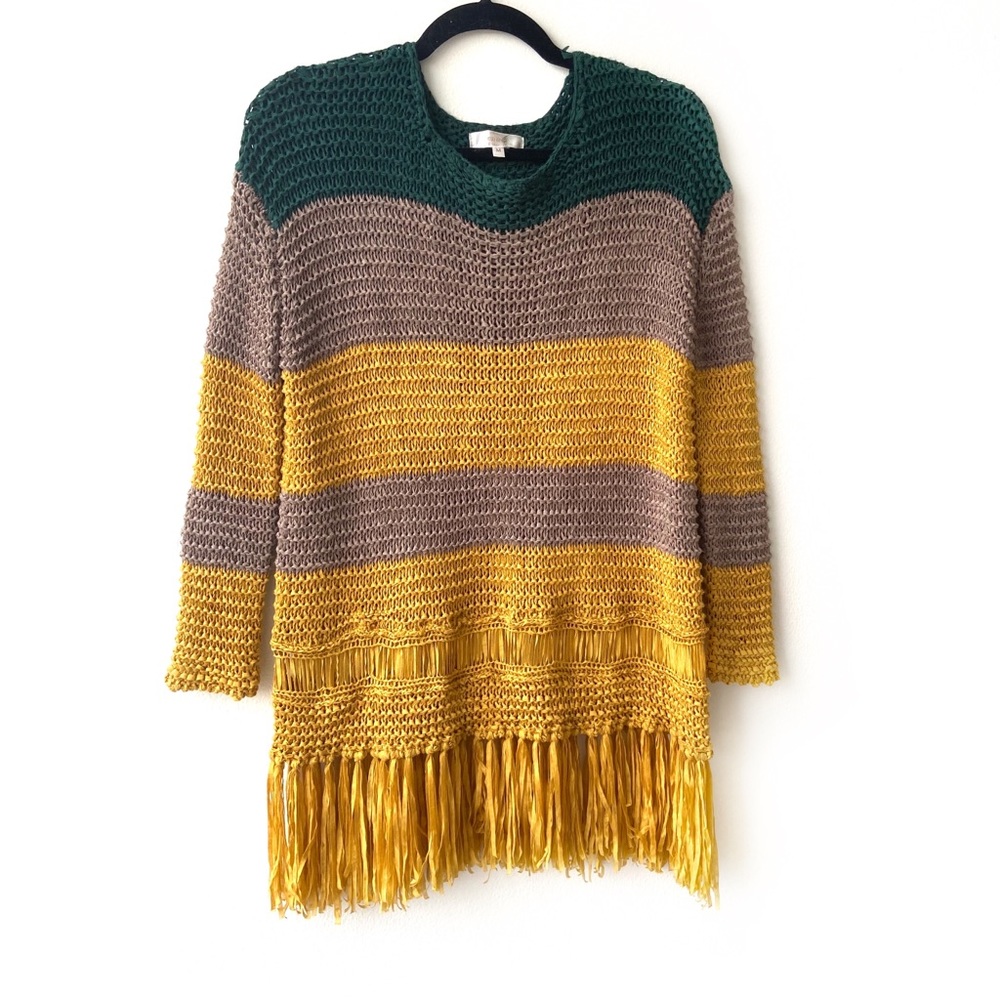 Entro Open Knit Color block Fringe Sweater Tunic